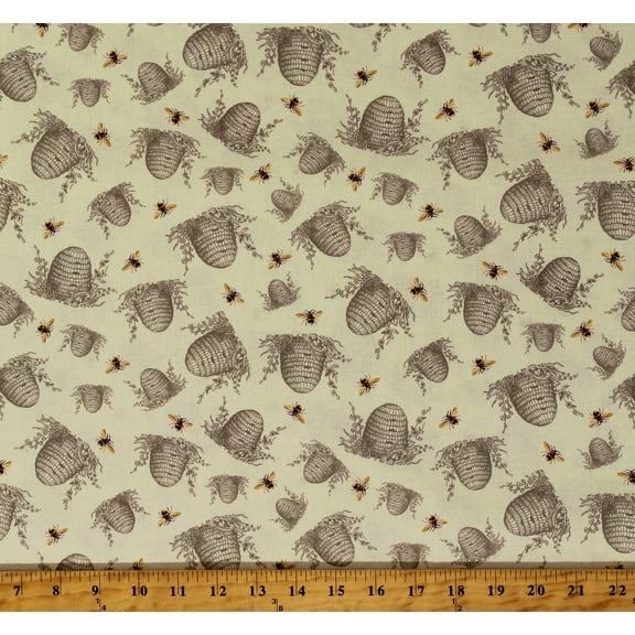 Cotton Tossed Bee Hive Honey Bee Farm Honeybee Hives Beige Cotton Fabric Print by the Yard (BEE-CD2390-BEIGE)