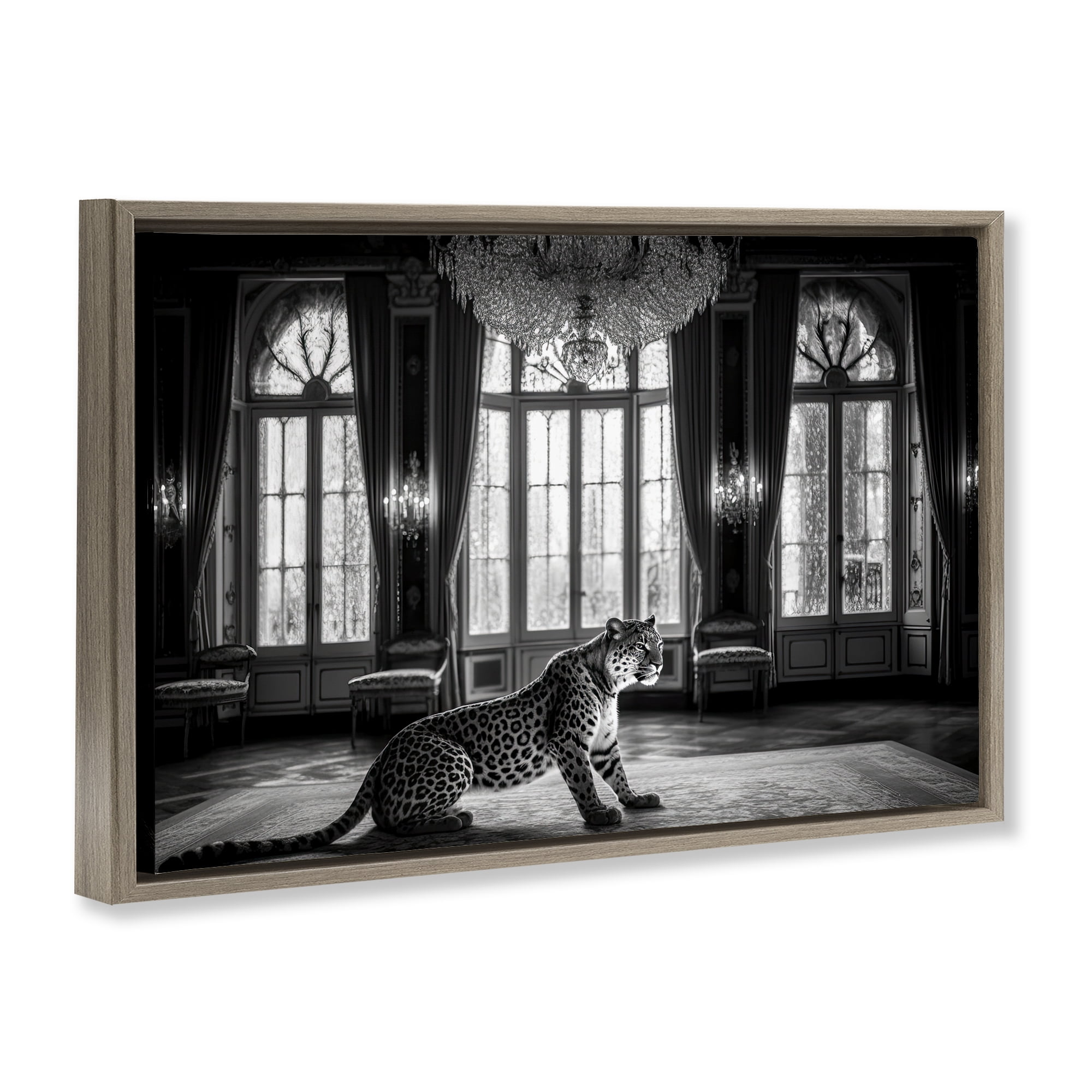 Snow Leopard in Opulent Mansion Brown Framed Floater Canvas Wall Art, design by Decent Exposures