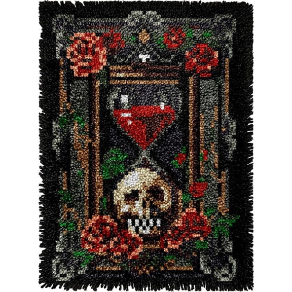 Skull and Rose Easy DIY Latch Hook Rug Kits DIY Tapestry Crochet Hooking Mat Making Kits With Printed Pattern Canvas Needlework Kits 52x38cm （n-35)