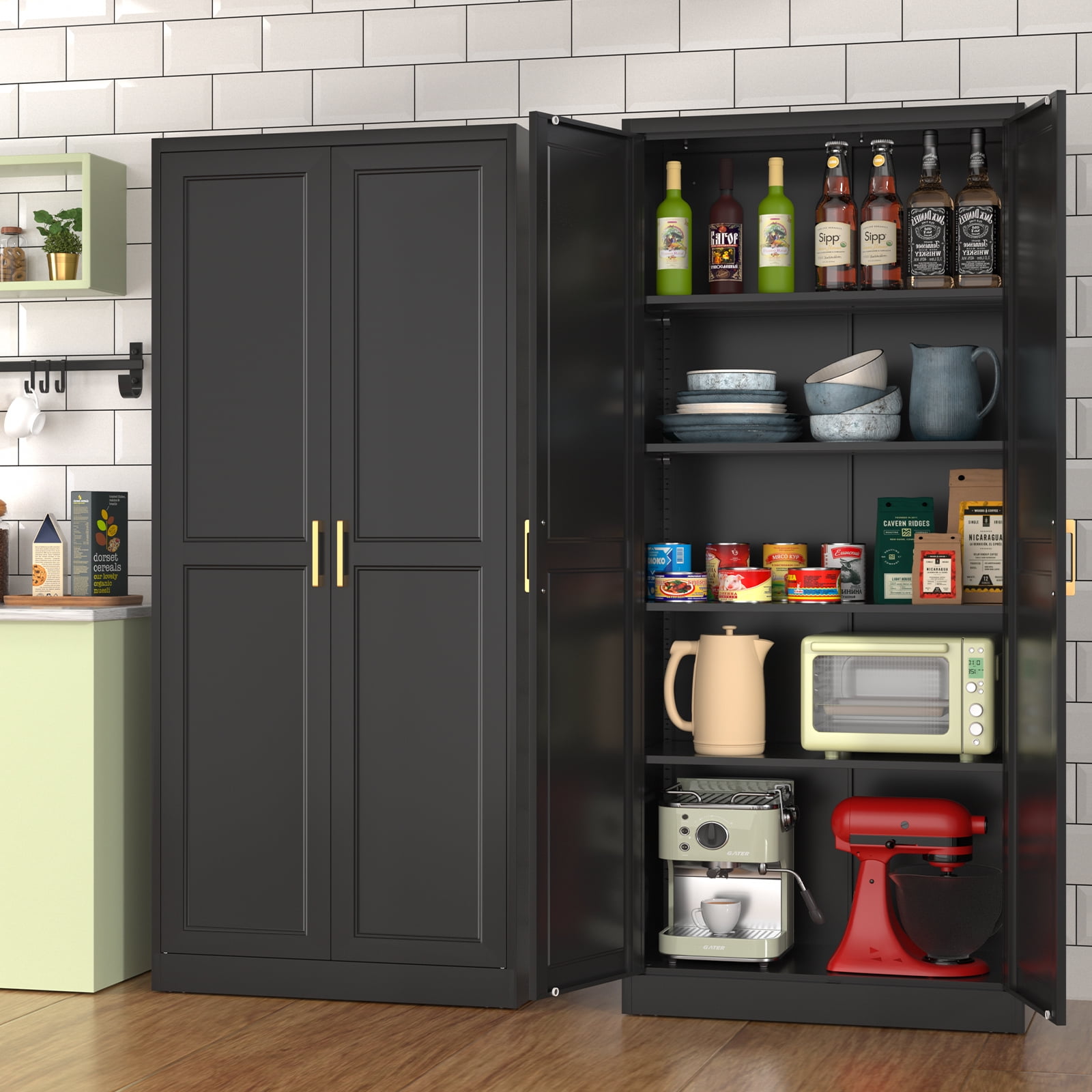 Polup 71" Height Metal Black Storage Cabinet, Modern Tall Steel Pantry Cupboard with 2 Doors and Adjustable Shelves for Kitchen Garage and Home