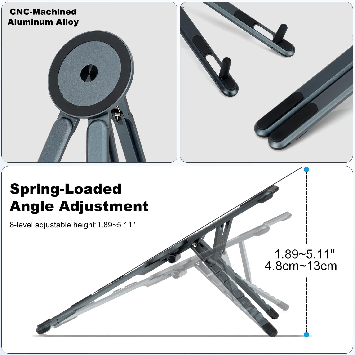 Adjustable Laptop Stand for Desk & Travel - Magnetic Phone Holder Tripod for MagSafe iPhone, Aluminum Foldable Portable Computer Stand Compatible with 10–16" Laptops and 4–13" Phones/Tablets