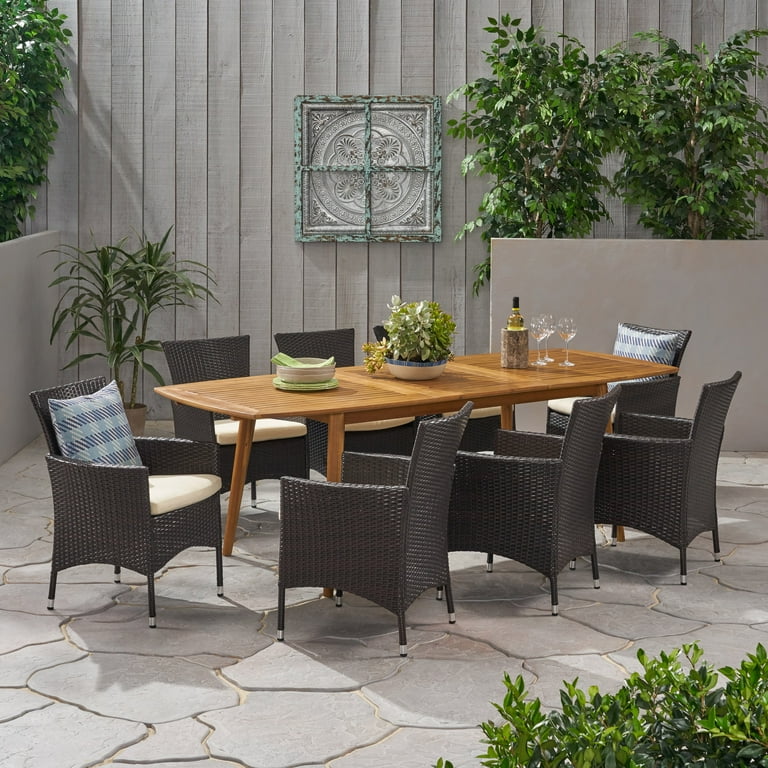Miles Outdoor Seater Wood and Wicker Expandable Dining Set, Teak