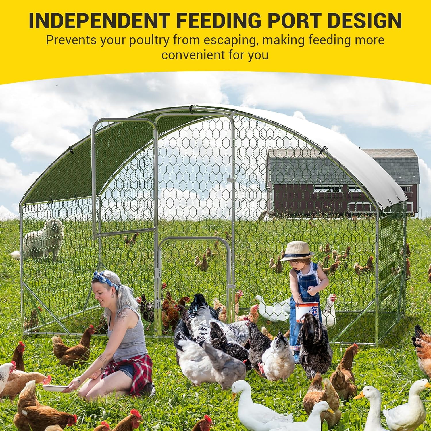 Large Metal Chicken Coop, Metal Chicken Run with Reinforced Triangle Support & Double Doors, Outdoor Walk-in Poultry Cage for Yard
