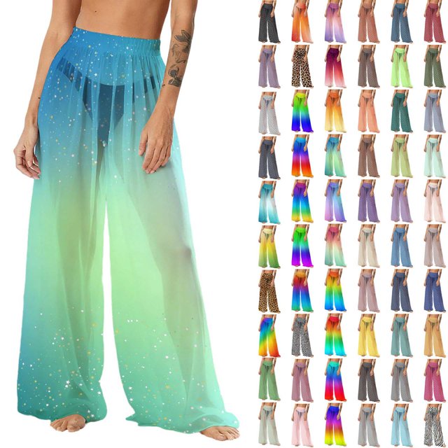 Pincandy Women's Cover Up Pants Sheer Sarong Coverups Summer Boho Beach Pant Elastic Waist Palazzo Cover Up Pants
