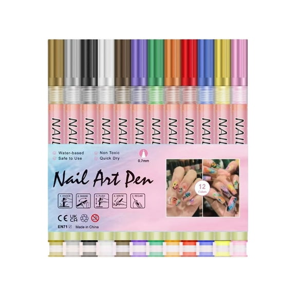 Fingernail Art Pens 12 Colors Quick-Dry Waterproof Nails Markers for Gel Nails Painting Liner & Home Salon Nails Art Tools