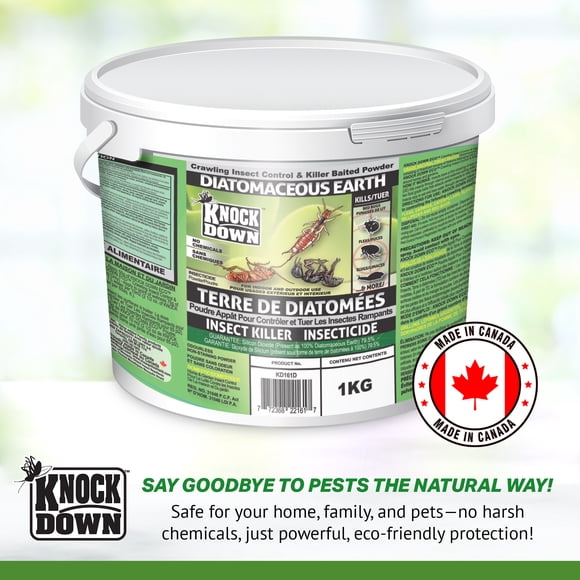 KNOCK DOWN - Diatomaceous Earth Insect Killer, Cockroach, Flea, Ant, Silverfish, Bed Bug Killer for Indoor and Outdoor Use, Food Grade Diatomaceous Earth Powder with Bait, 1kg Pail