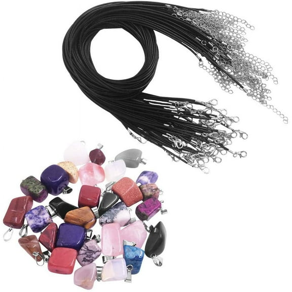 Set of 75, Black Waxed Cord with Clasp Bulk and Mixed Irregular Healing Stone Beads, findTop 50 Pcs Necklace Cord Bulk (20 Inch) and Crystal Stone Pendants for Jewelry Making