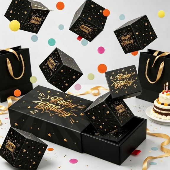 Birthday Pop-Up Surprise Gift Box with Jump-Out Boxes, Black and Gold Birthday Print for Surprise Birthday Presents