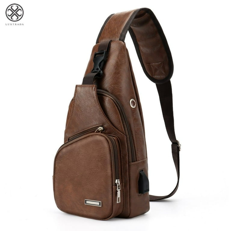 Tan Leather Sling Backpack Shoulder Bag Men. Single Strap 