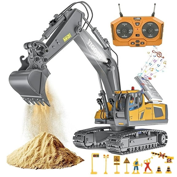 Anpro Remote Control Excavator Toys for Kids, 11 Channel RC Construction Vehicles Toys with Metal Shovel, Lights & Sounds, Gift for Age 3  Boys Girls