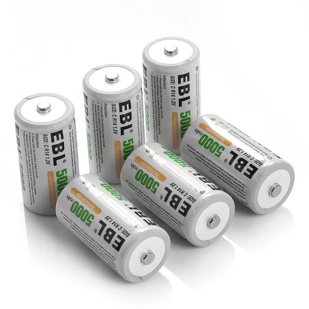 EBL 6-Pack 5000mAh Size C Cell Rechargeable Batteries + LCD Battery Charger for AA AAA 9V C D Ni-CD Ni-MH Battery