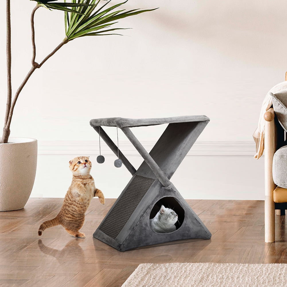 Kepooman Folding Cat Tower Tree, 2-Tier Pet House with Scratching Pad, Cat Nest Hammock for Small to Middle Kitten - Gray Kepooman Folding Cat Tower Tree, 2-Tier Pet House with Scratching Pad, Cat Nest Hammock for Small to Middle Kitten - Gray