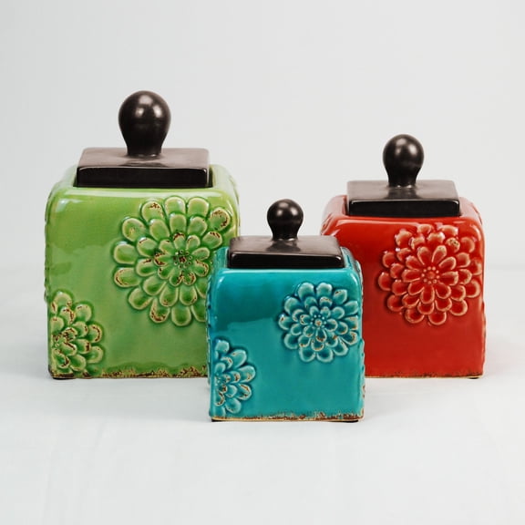 Contemporary Home Living Set of 3 Vibrant Unique Ceramic Sealed Storage Canisters, 10"