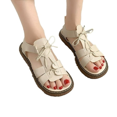 

Kitem 1 Pair Thick Anti-skid Soft Sole Women Sandals Faux Leather Breathable Summer Lace Up Open Toe Casual Sandals Travel Supplies