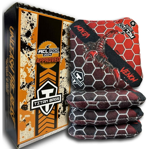 Titan Bags Venom ACL PRO Cornhole Toss Bags, 16 oz, Honeycomb Pattern, Death Red, Set of 4