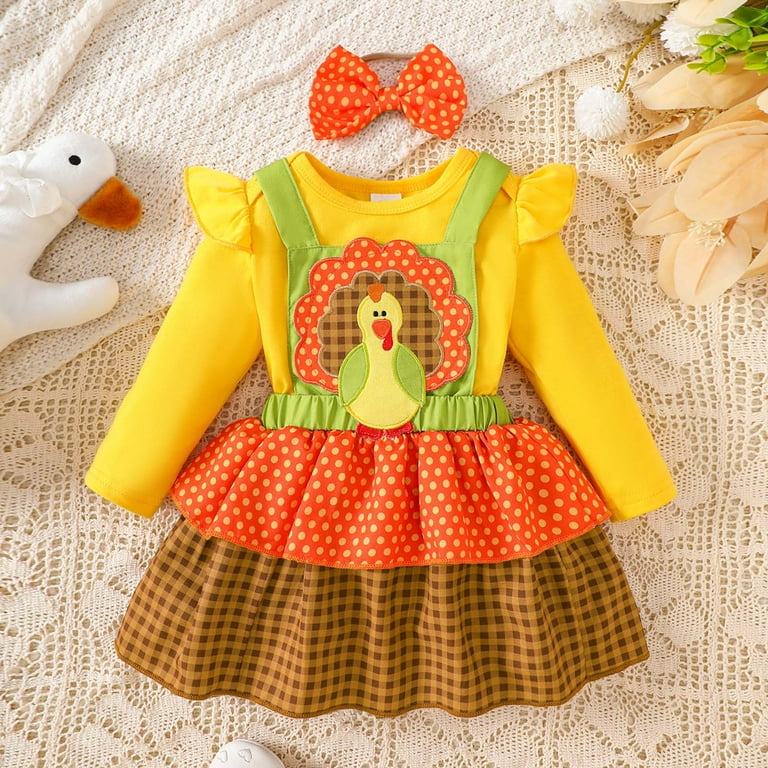Caicj98 Thanksgiving Outfit Baby Girl Long Sleeve Romper Cute Turkey Overall Skirt Dress with Headband Fall Winter Clothes Yellow,Size 12-18 Months