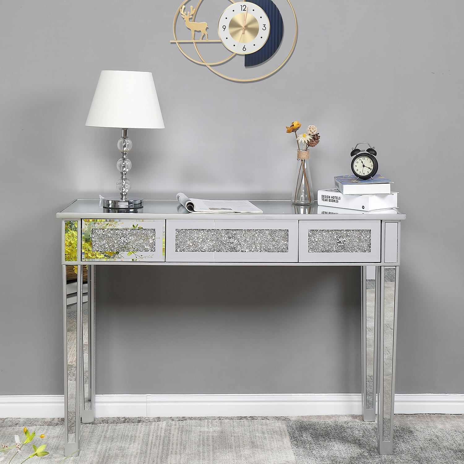 Astoutdoor 3-Drawer Mirrored Desk, Silver, 42 x 15 x 29.9 in