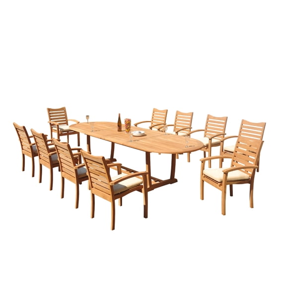 Grade-A Teak Dining Set: 10 Seater 11 Pc: 118" Mas Oval Trestle Leg Table And 10 Aspen Stacking Arm Chairs Outdoor Patio WholesaleTeak #51AP2711