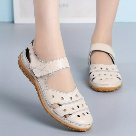 

Women s Flat Sandals with Hook and Loop Out Faux Leather Breathable Fastener