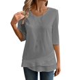 thumbnail image 2 of Juniors T-Shirts Linen Shirts Solid Color 3/4 Sleeve Tops Summer Casual Loose Round Neck Work Blouses Ladies Basic Tunic Tops T Shirts for Women, 2 of 6