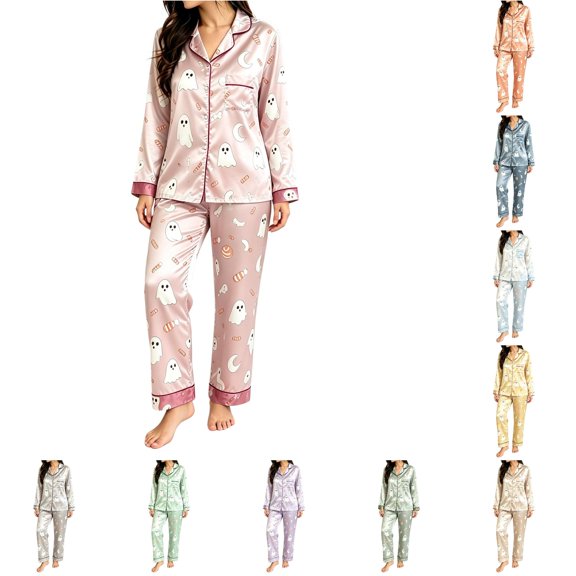 RMGVDSD Pajama Sets for Women 2 Piece Halloween Ghost Print Long Sleeve Sleepwear Lapel Button Down Loungewear Holiday Pajamas Casual Home Wear