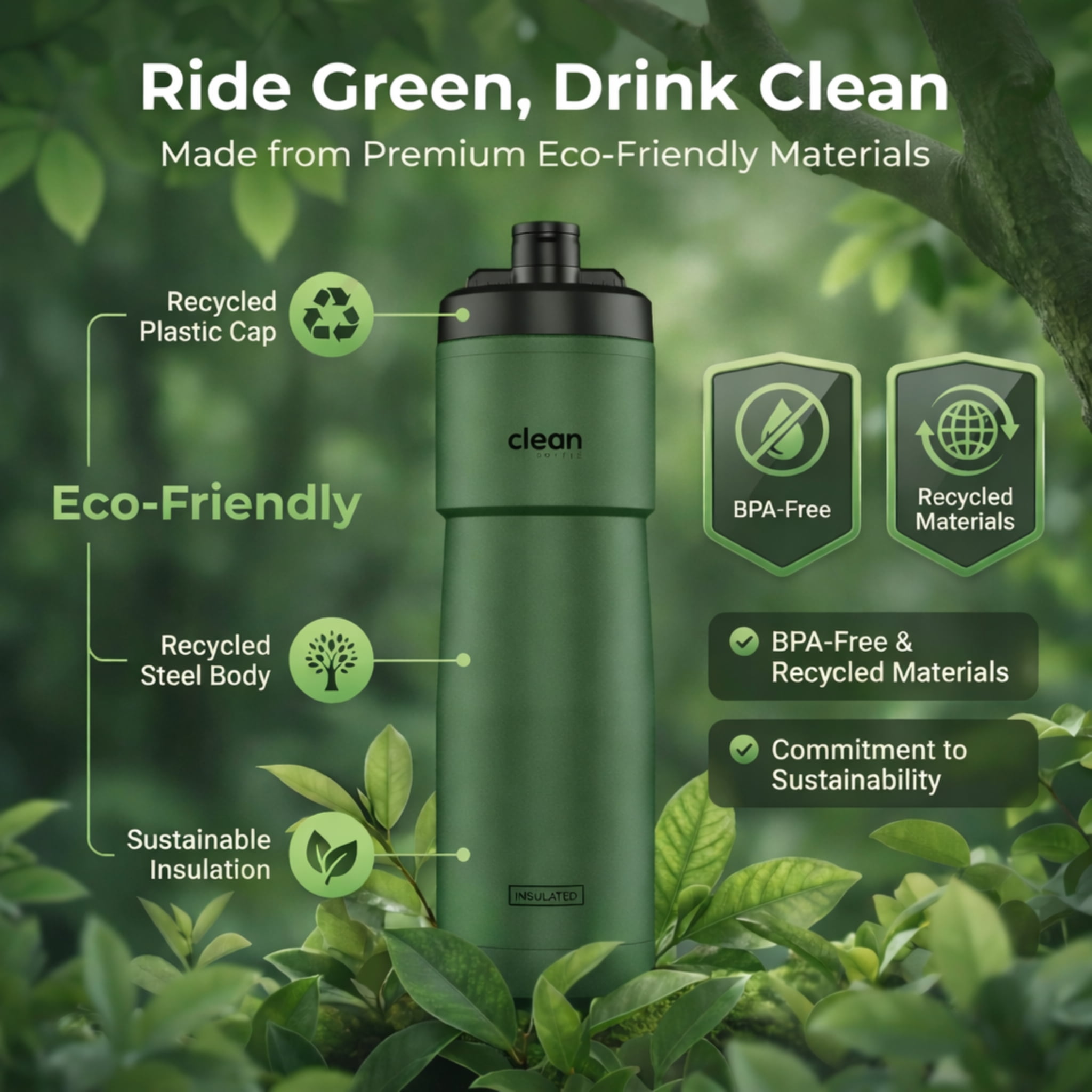 Clean Bottle 23 oz Sport Insulated Bike Water Bottle with Easy-Squeeze Nozzle Matte Green