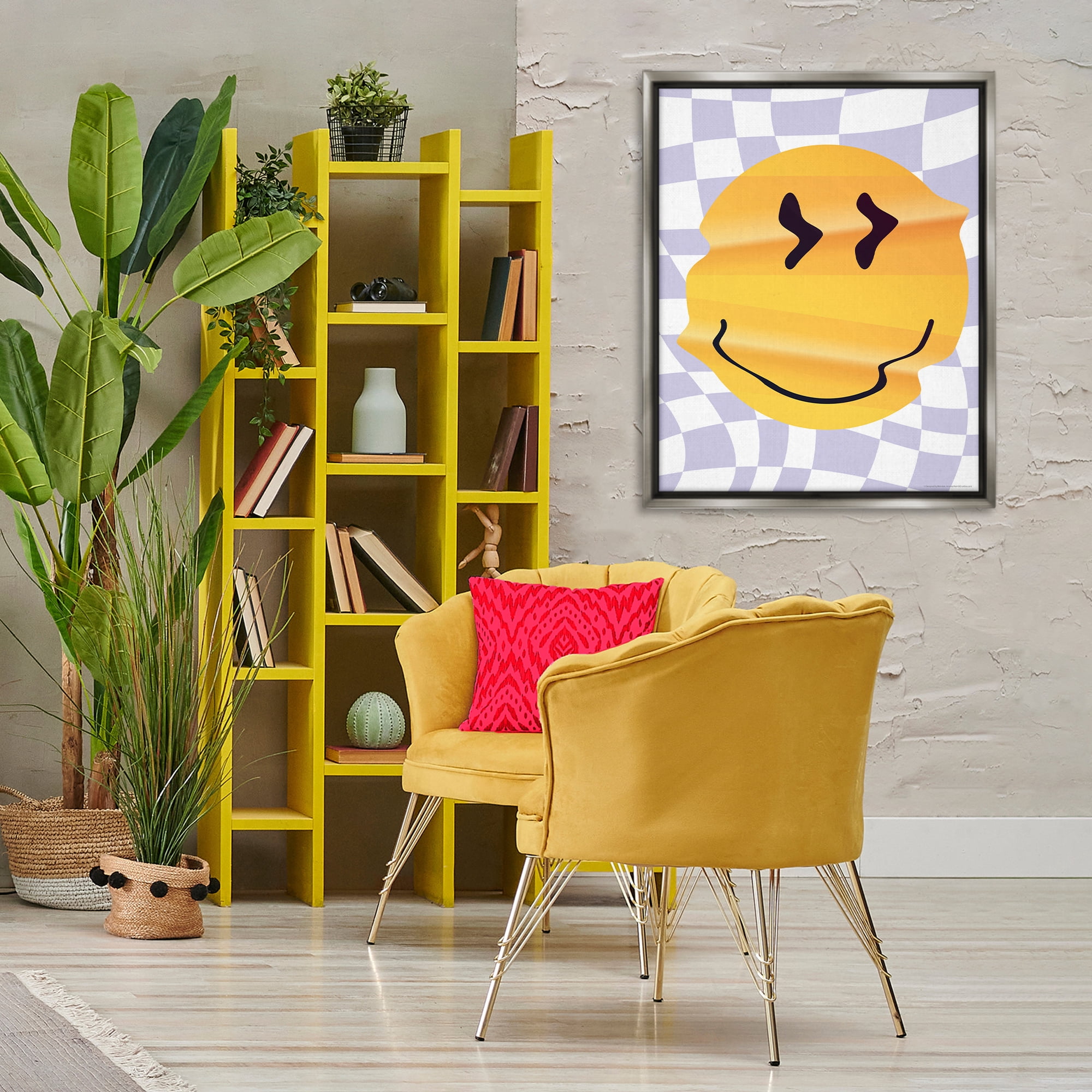 Stupell Industries Wavy Checkered Smile Abstract Painting Gray Floater Framed Canvas Art Print Wall Art, 25 x 31