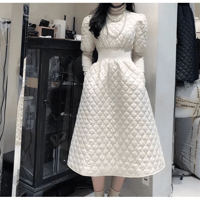 Robe Veste en Coton pour Femmes Chaude Mode à Manches Courtes Taille Cintrée Col Rond Polyvalente - Beige / L