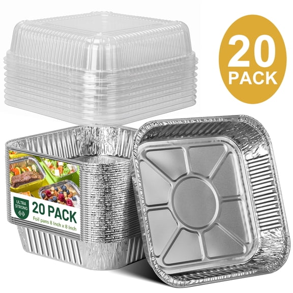 GPED 8x8 Square Aluminum Pans with Clear Plastic Lids [20 Pack], Foil Pans, Disposable Food Containers Great for Cooking, Cake, Broiling, Prepping & Takeout - Durable Recyclable Food Containers