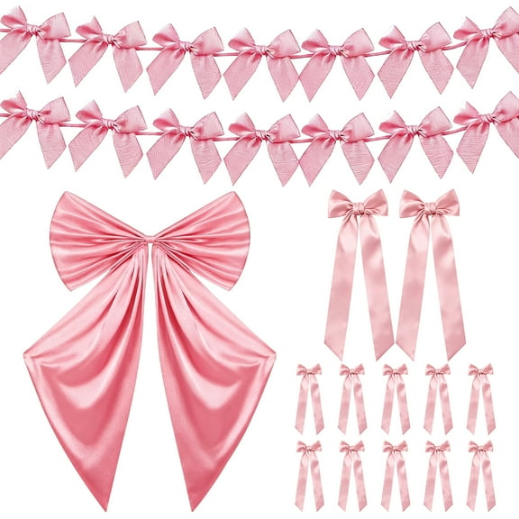 Pink Bow Decor Set 1 Giant Bow (42"x26"),  2 Bow Garlands (6.2FT),12 Small Bows,Satin Ribbon Coquette Ornaments for Christmas Wedding Birthday Party Baby Shower Room Wall Fireplace Decoration