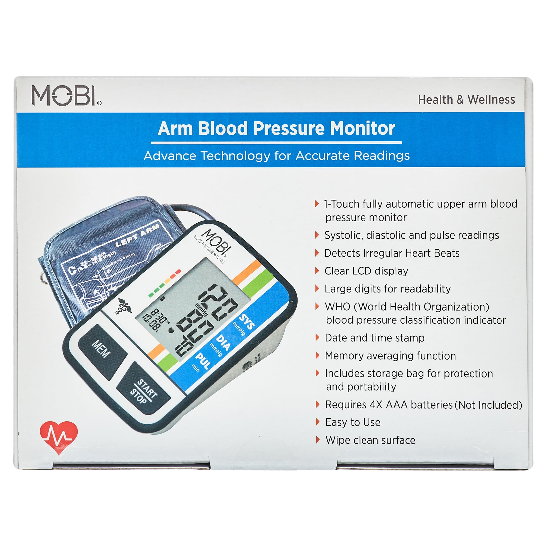 MOBI - Blood Pressure Cuff - Wrist Blood Pressure Monitor - Automatic BP  Cuff with Large LCD Display - Pulse Rate, Irregular Heart Rate Monitor