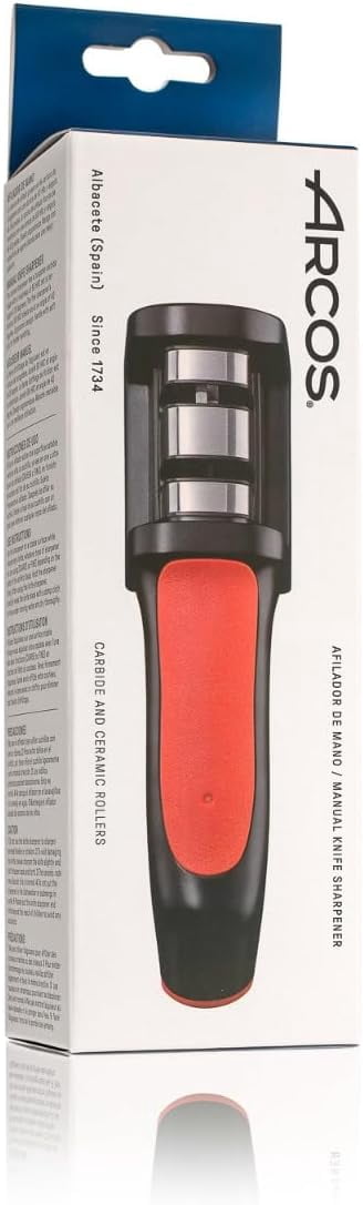 Sharpeners Manual Knife Sharpener tool. Made of + TPE. Carbide and Ceramic s. Keep Your Knives Razor Sharp. Black and Red Color