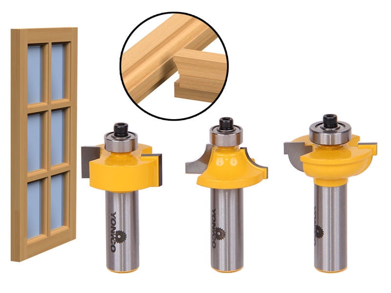 3 Bit Glass Door Router Bit Set RoundOver Bead 1/2" Shank Yonico