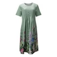 thumbnail image 3 of QJUHUNG Midi pour Femmes Été Décontracté Ample Boho Imprimé Floral Col Rond Manches Courtes Robe Froncée Longueur Genou avec Poches, 3 of 4