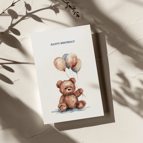Cute Birthday Card with Teddy Bear Holding Balloons – “Happy Birthday!” Greeting Card – Perfect for Kids, Friends, and Family Celebrations