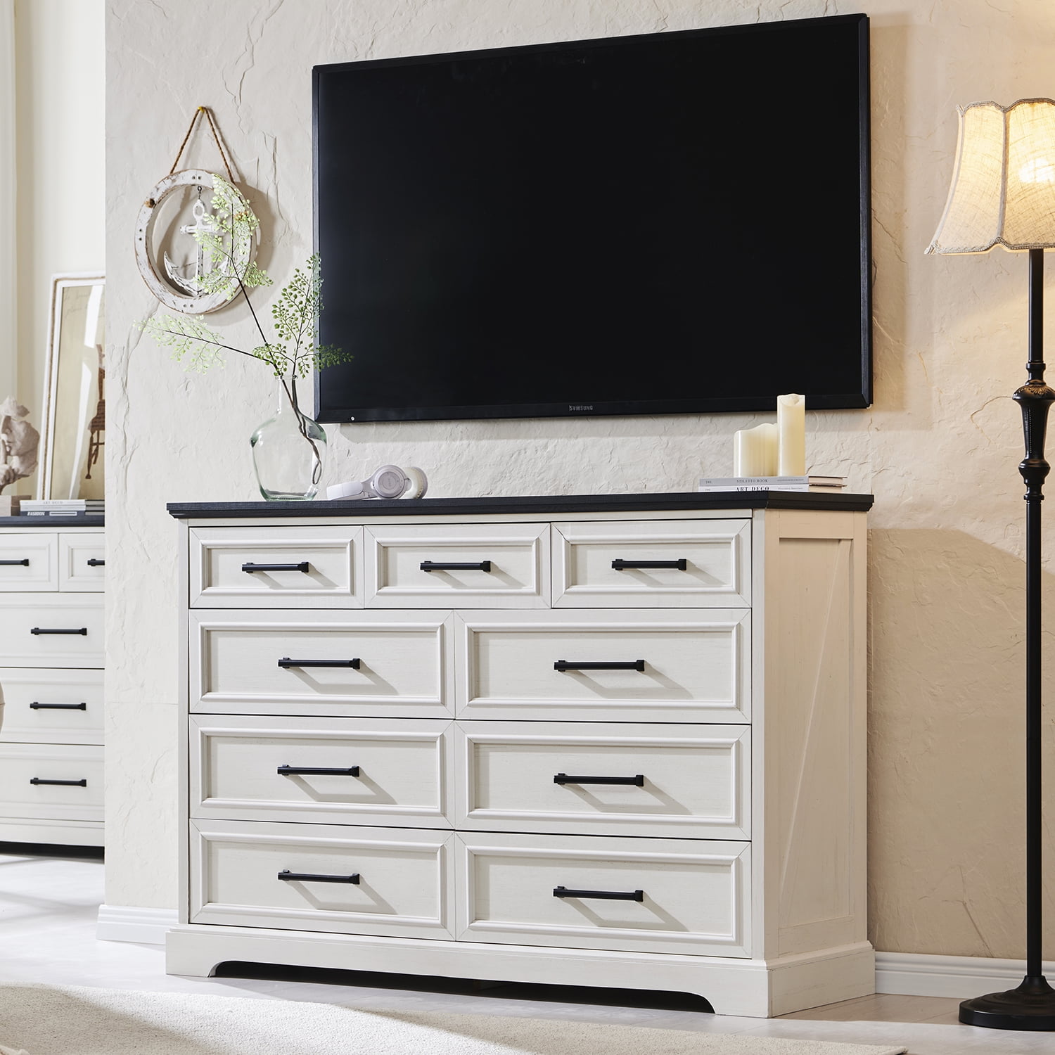 ACCOHOHO Farmhouse 9 Drawers Dresser, Rustic Wood Dresser Chest of Drawers for Bedroom，TV Stand with Large Drawers for Living Room，White