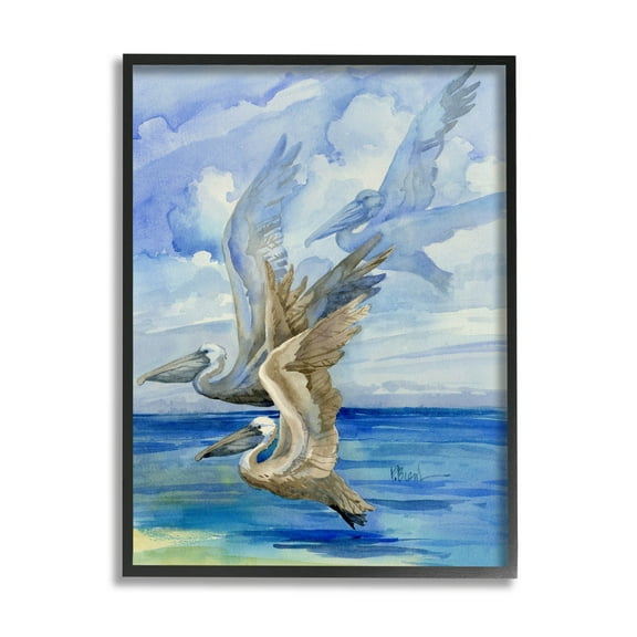Stupell Industries Pelicans Trio Over Ocean Shore Painting Black Framed Art Print Wall Art, Design by Paul Brent