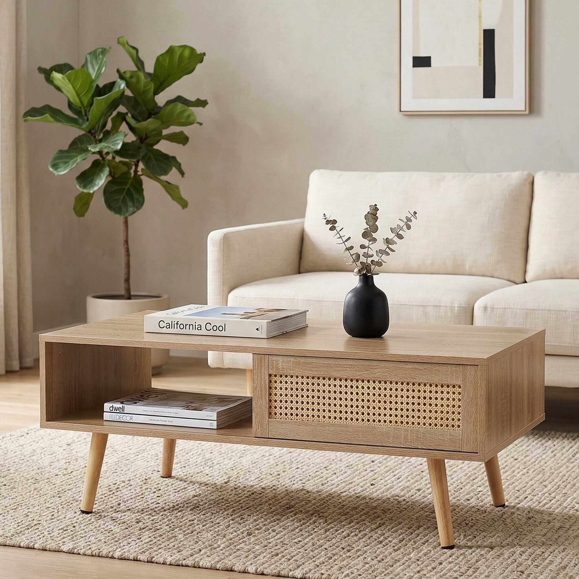 Rattan Woven Coffee Table with Sliding Door, 41.34" x 21.65" x 16.34", MDF Body with Solid Wood Legs, 220 lbs Capacity for Living Room Bedroom