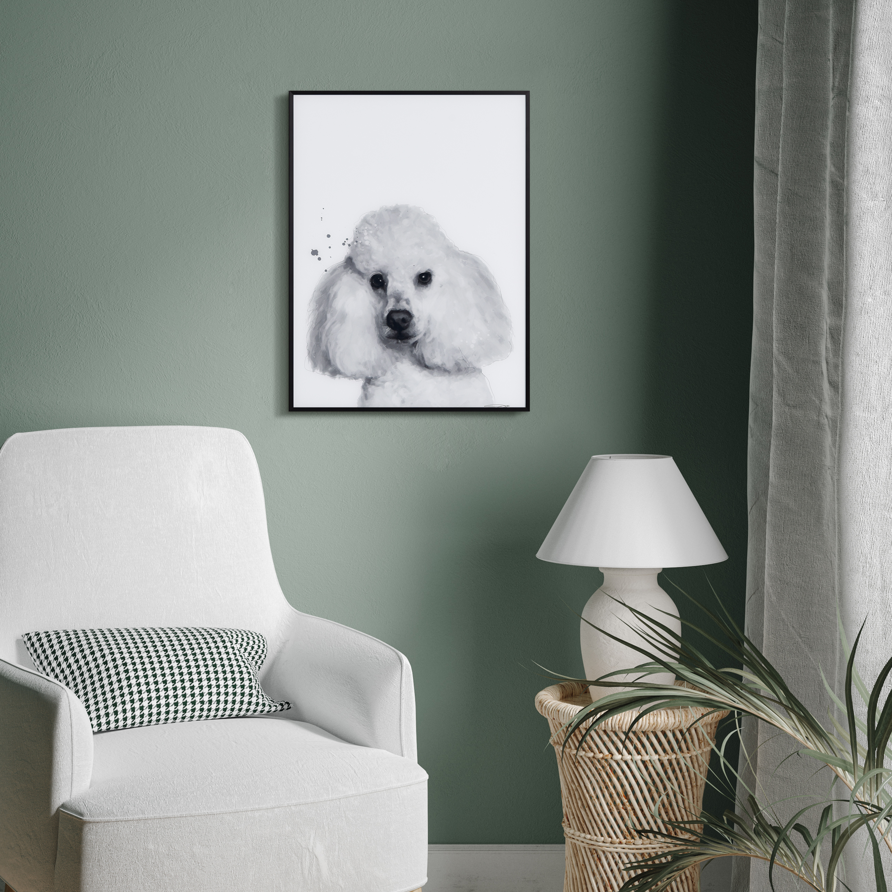 "Poodle" Black and White Pet Portraits on Reverse Printed Art Glass, Minimally Encased on Black Anodized Aluminum Frame