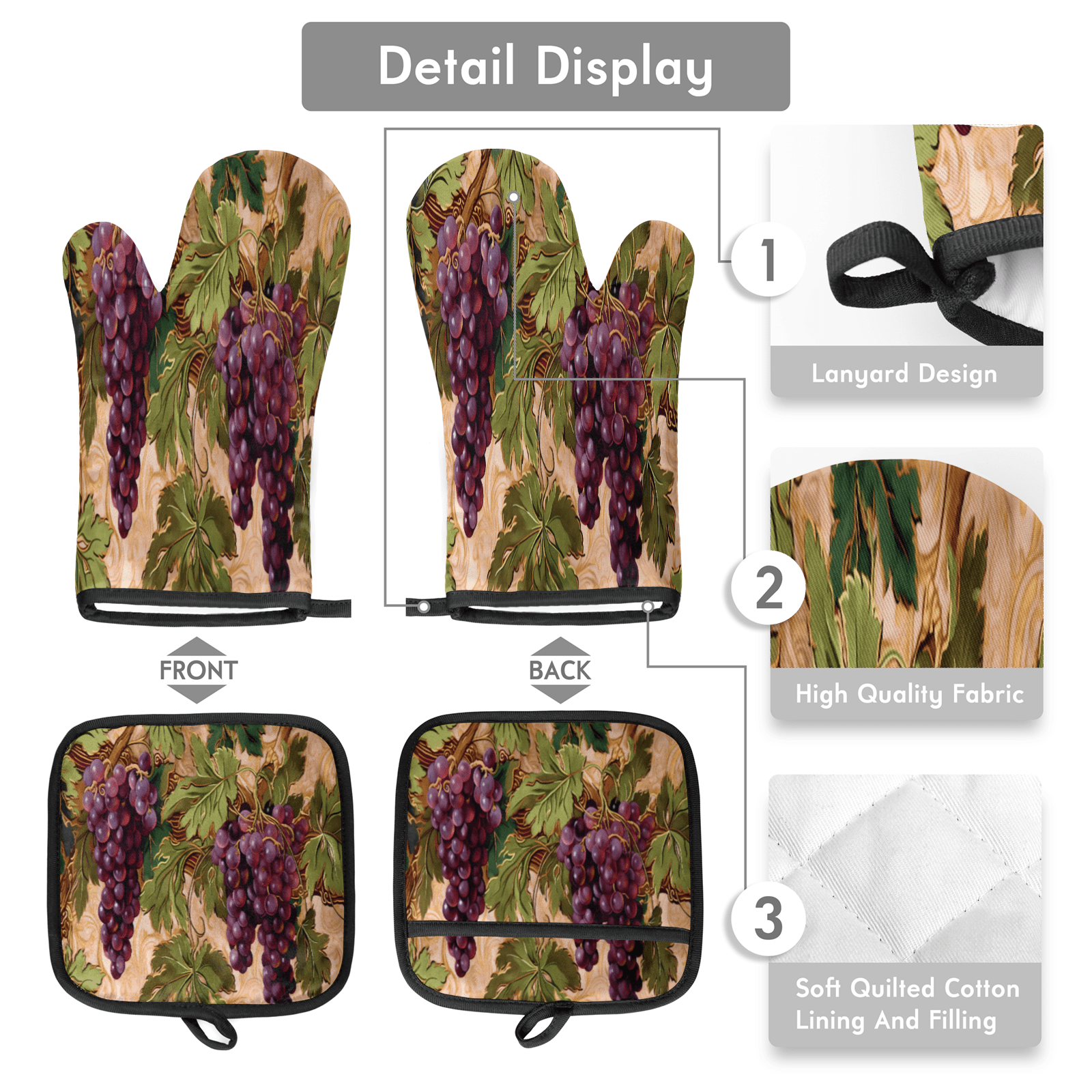 CURLYOOT Vintage Grape Oven Mitts and Pot Holders Sets of 2, Non-Slip Washable Hot Pads and Oven Gloves for Kitchen Cooking Baking
