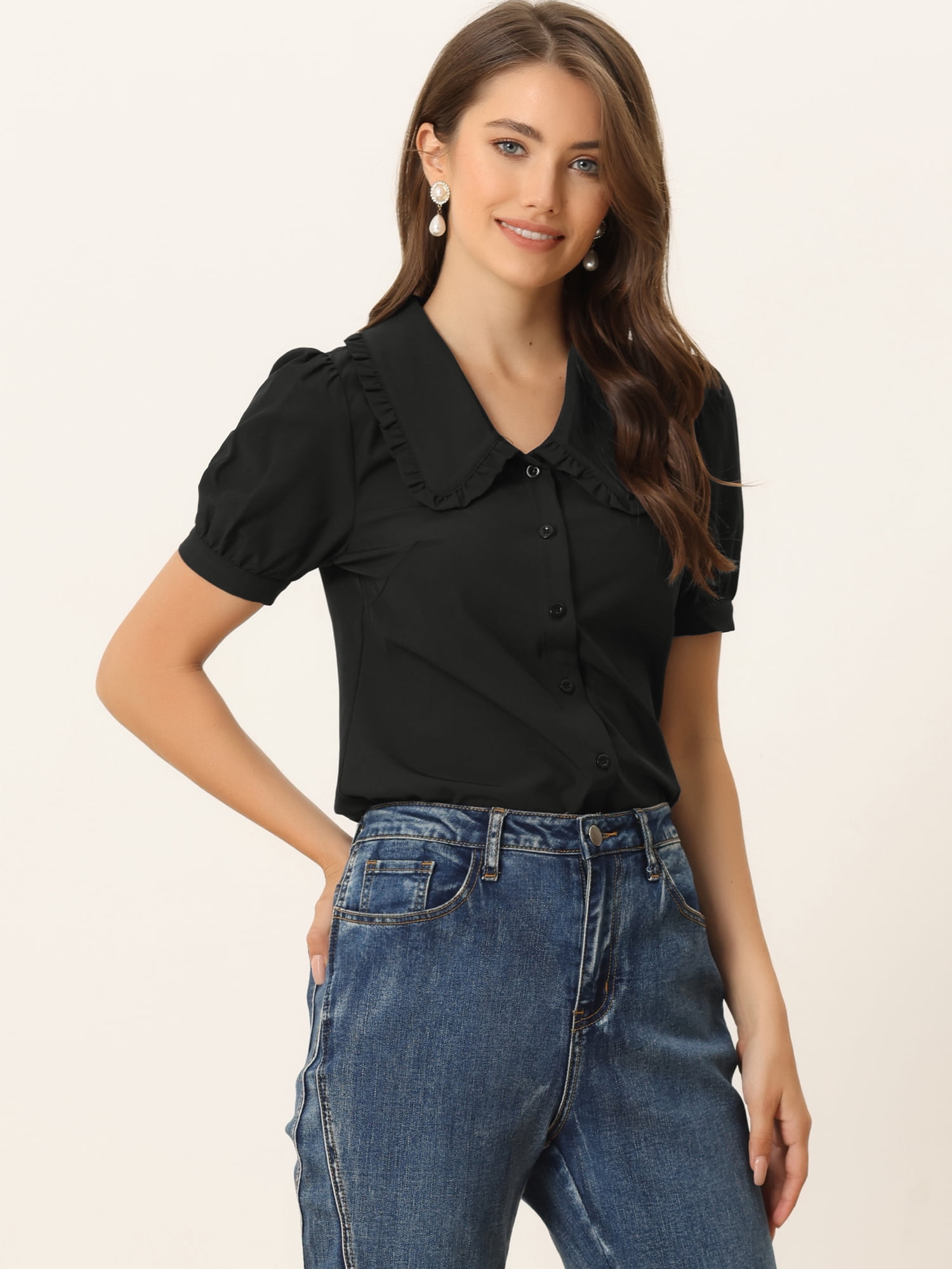 DARING DIVA Women's Peter Pan Collared Puff Short Sleeve Retro Blouse 2XL Black