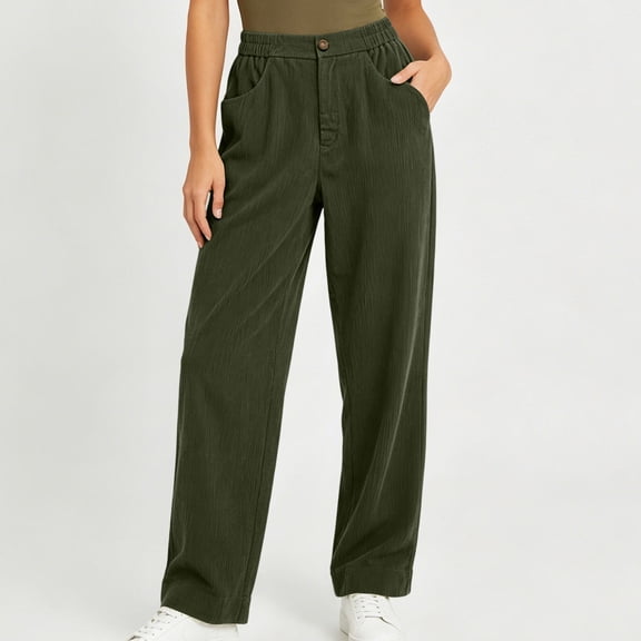 Bzdzmqm Women's Corduroy Pants Casual High Waisted Trousers with Pockets Elastic Waist Baggy Wide Leg Loose Trousers, Army Green XL