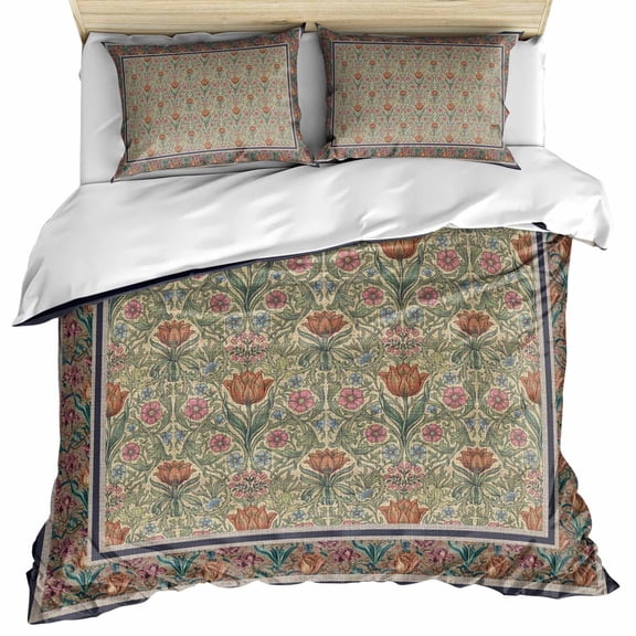 Boho Floral Bedding 3 Piece Duvet Cover Set Queen Size, Vintage Flowers Abstract Art Ethic Tribe Soft Microfiber Comforter Cover with Zipper Closure & Pillowcases, Wrinkle & FadeResistant Quilt Cover