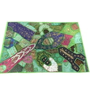 Mogul Indian Sari Tapestry Green Wall Hanging Sequin Embroidered Wall Décor