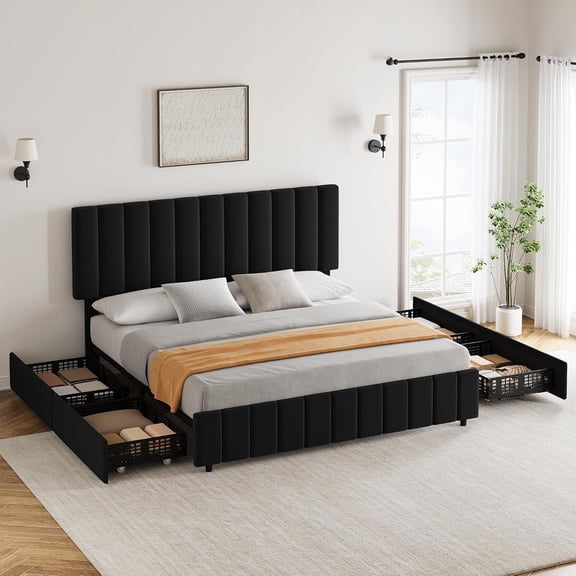 Black King Linen Upholstered Bed Frame with 4 Storage Drawers, Adjustable Headboard, Sturdy Wooden Slats, No Box Spring Required, Easy Assembly