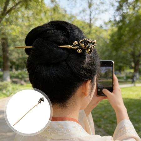 TEHAUX Metal Retro Chinese Hairpin Plated Gold Flower Hair Stick for Comfortable Durable Hair Styling