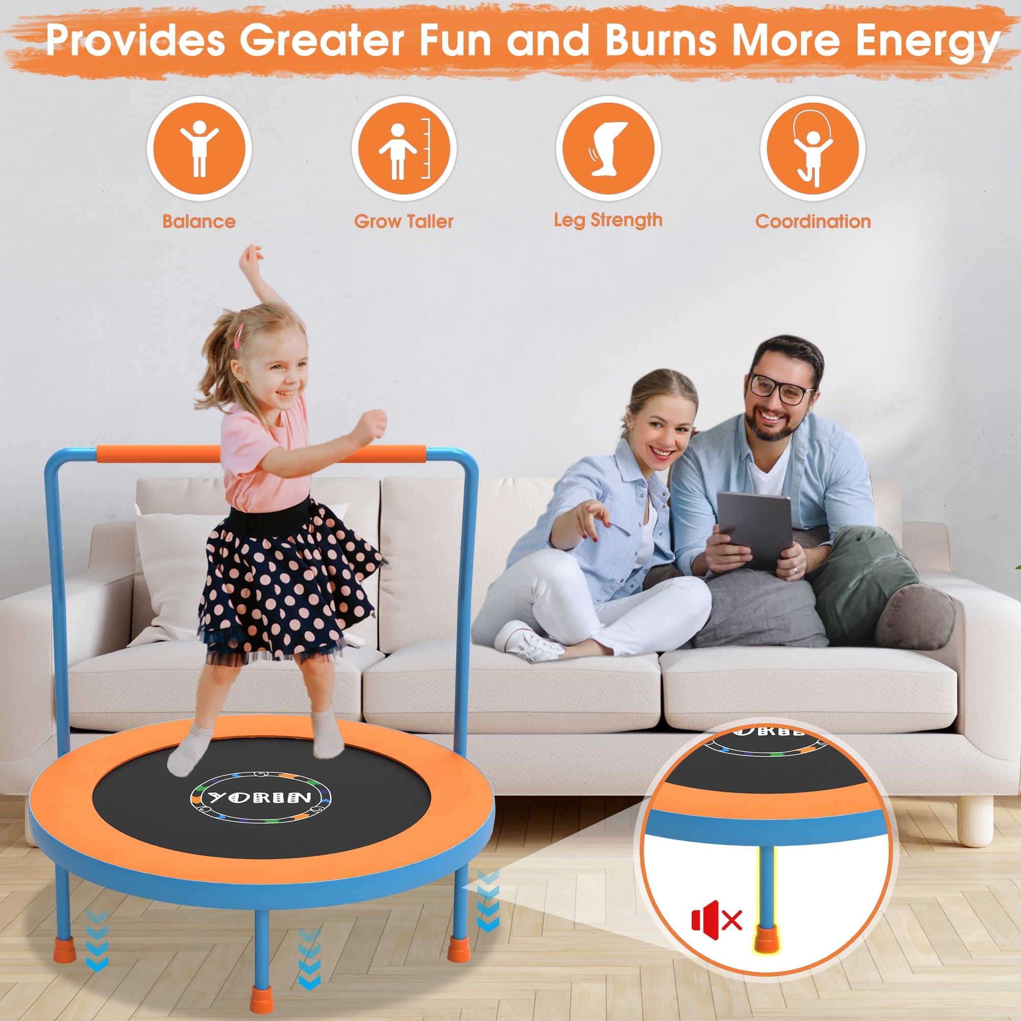 YORIN 36" Trampoline for Kids, 3FT Mini Indoor/Outdoor Foldable Toddler Trampoline with Adjustable Foam Handle, Small Rebounder Fitness Trampoline with No-Gap Padded Cover, Gift for Baby, Girls, Boys