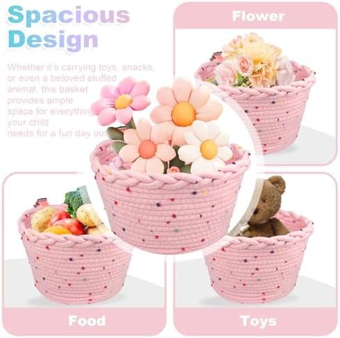Kids Bike Basket Rope Woven Front Bicycle Basket for Boys Girls Kids Front Handlebar Basket for Scooter,Balance Bikes Cute Bike Basket with Colored Spots