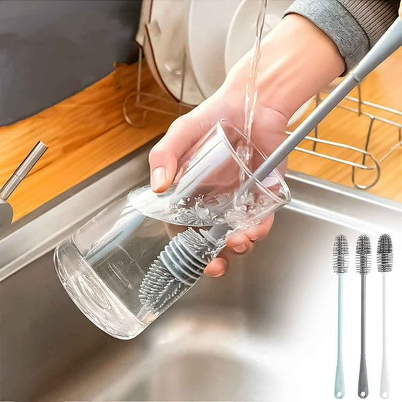 Fiudx Cepillo para Vasos con Mango Largo, Juego de 3 Piezas, Construcción Flexible de Gel de Sílice y Plástico, Diseño Sin Espacios Muertos, Limpieza Multiusos para Vasos y Botellas, Ahorra Espacio E