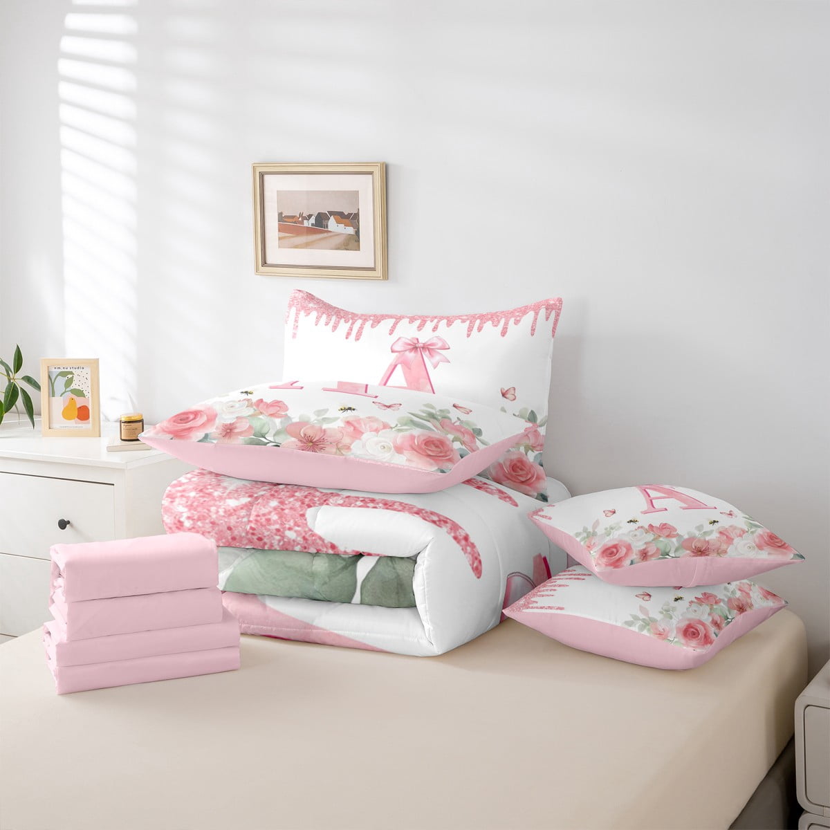 jejeloiu Monogrammed A Twin Bedding Sets 7-Piece,Retro Flower Butterfly Bedding Comforter Set,White Pink Bow Sheet Sets For Girl,Microfiber Room Decorative Reversible